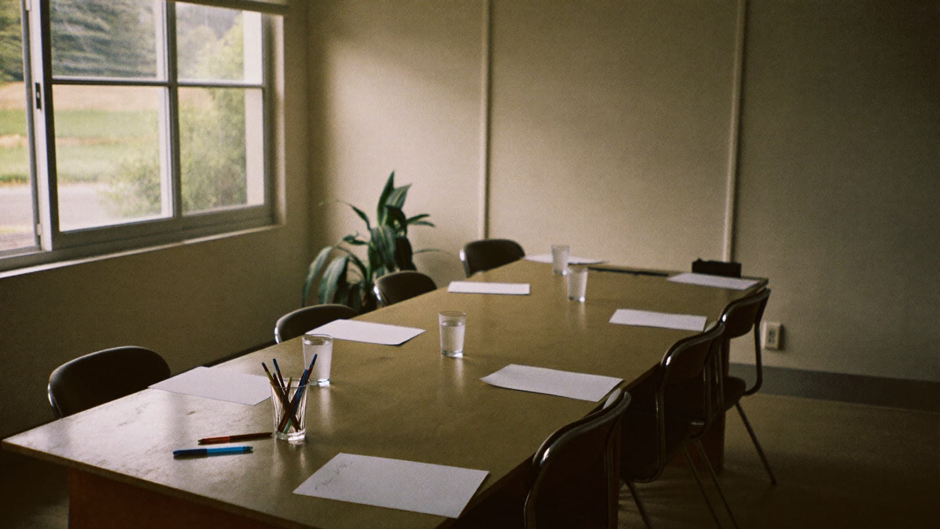 An empty meeting room with a long wooden table, blank sheets of paper, glasses of water and a potted plant by a window