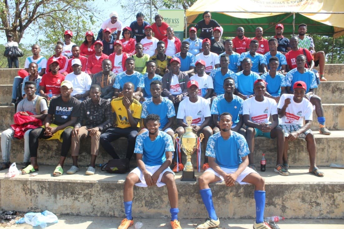 Group photograph with winners (Future Assured) of the novelty football match
